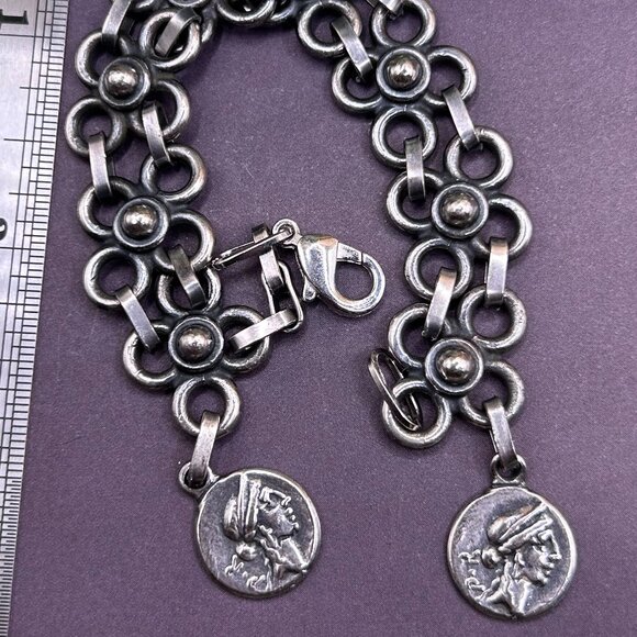 Wide Silver Plated Greek Roman Ancient Coin Charm Bracelet Antique Finish - Picture 1 of 10